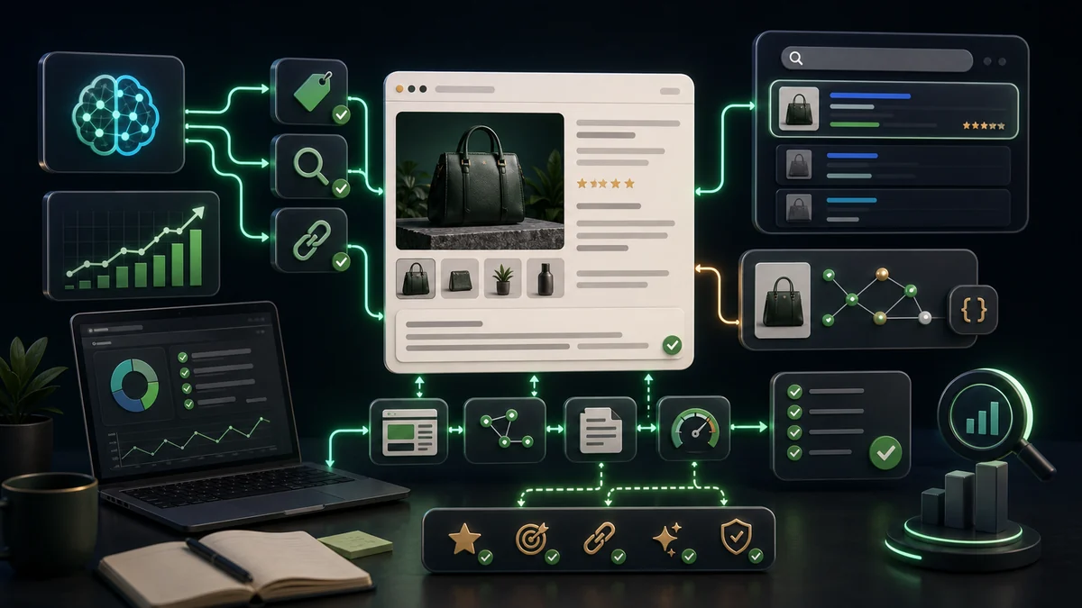Shopify AI SEO workflow connecting product data schema search and content quality signals
