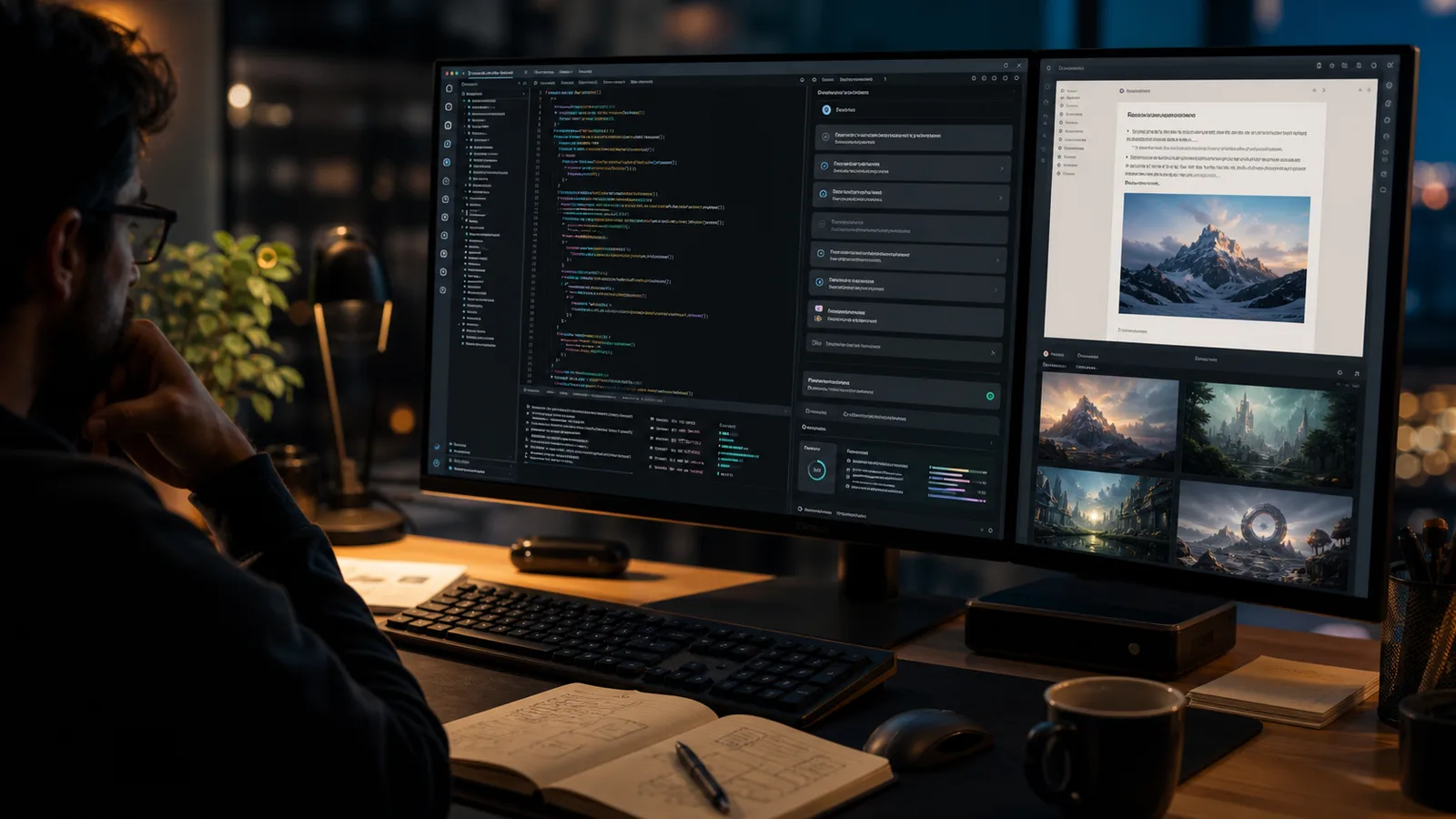 Developer workstation showing a Codex-style coding writing and image workflow