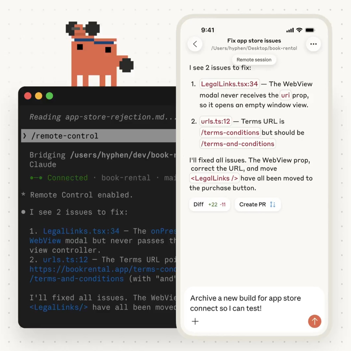 Claude Code Remote Control — Terminal session on laptop synced with mobile app, showing the same coding conversation on both devices