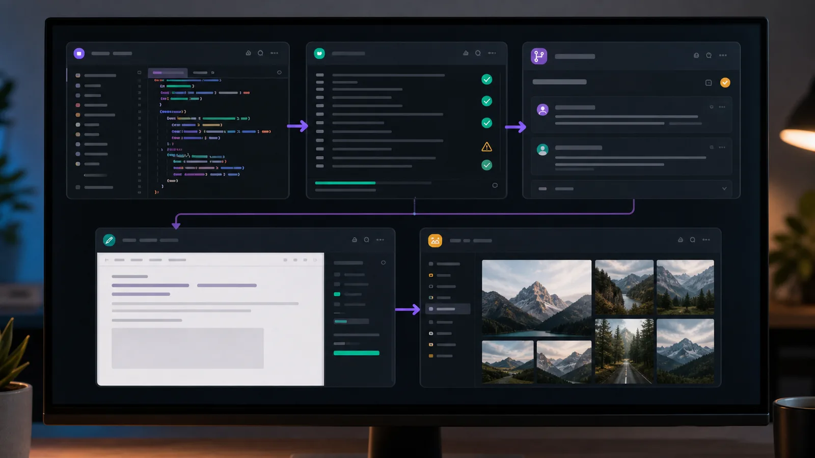 Connected developer workflow for code tests article draft and image generation