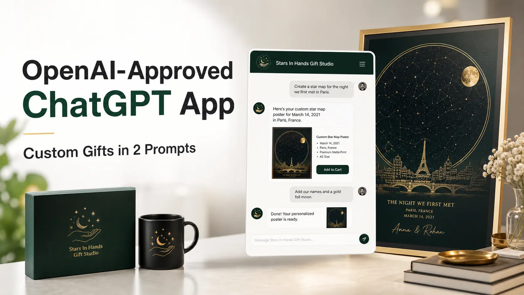 Two prompt custom gift flow from idea to personalized gift preview