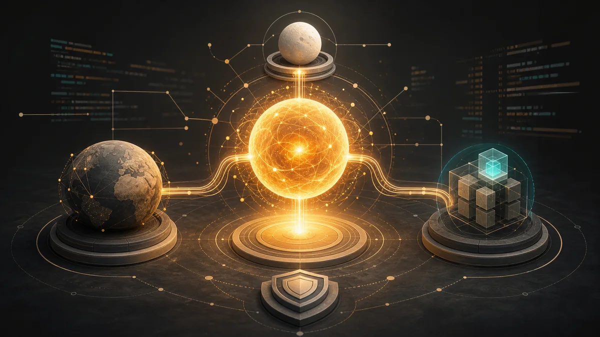 Original editorial illustration showing a flagship AI reasoning core, balanced tier, fast tier, developer systems, and security safeguards