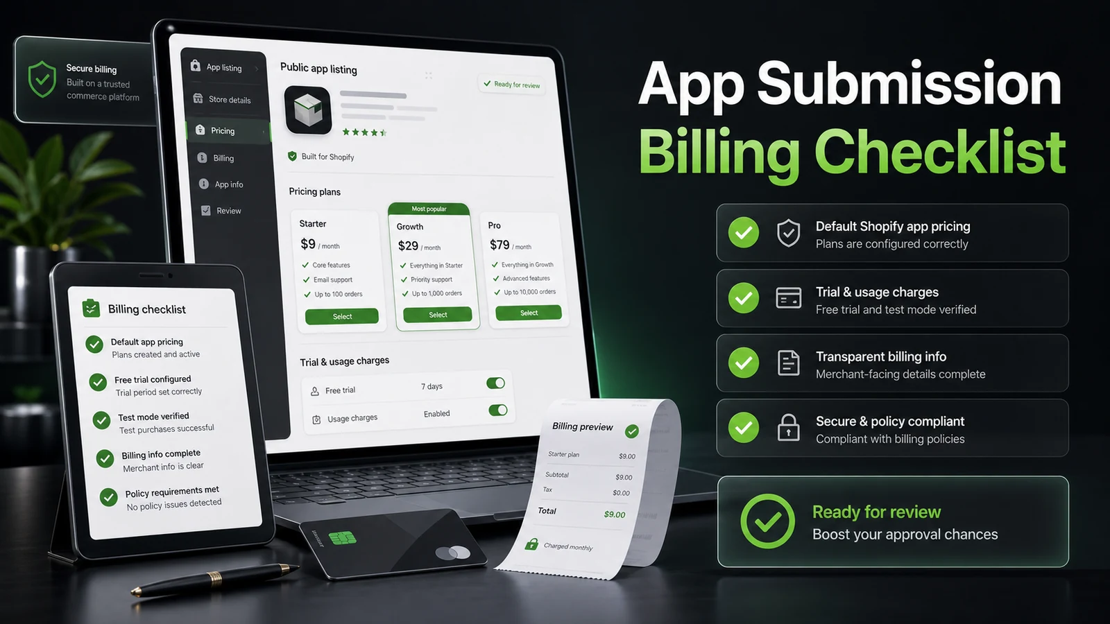 Shopify App submission billing checklist App Pricing visual