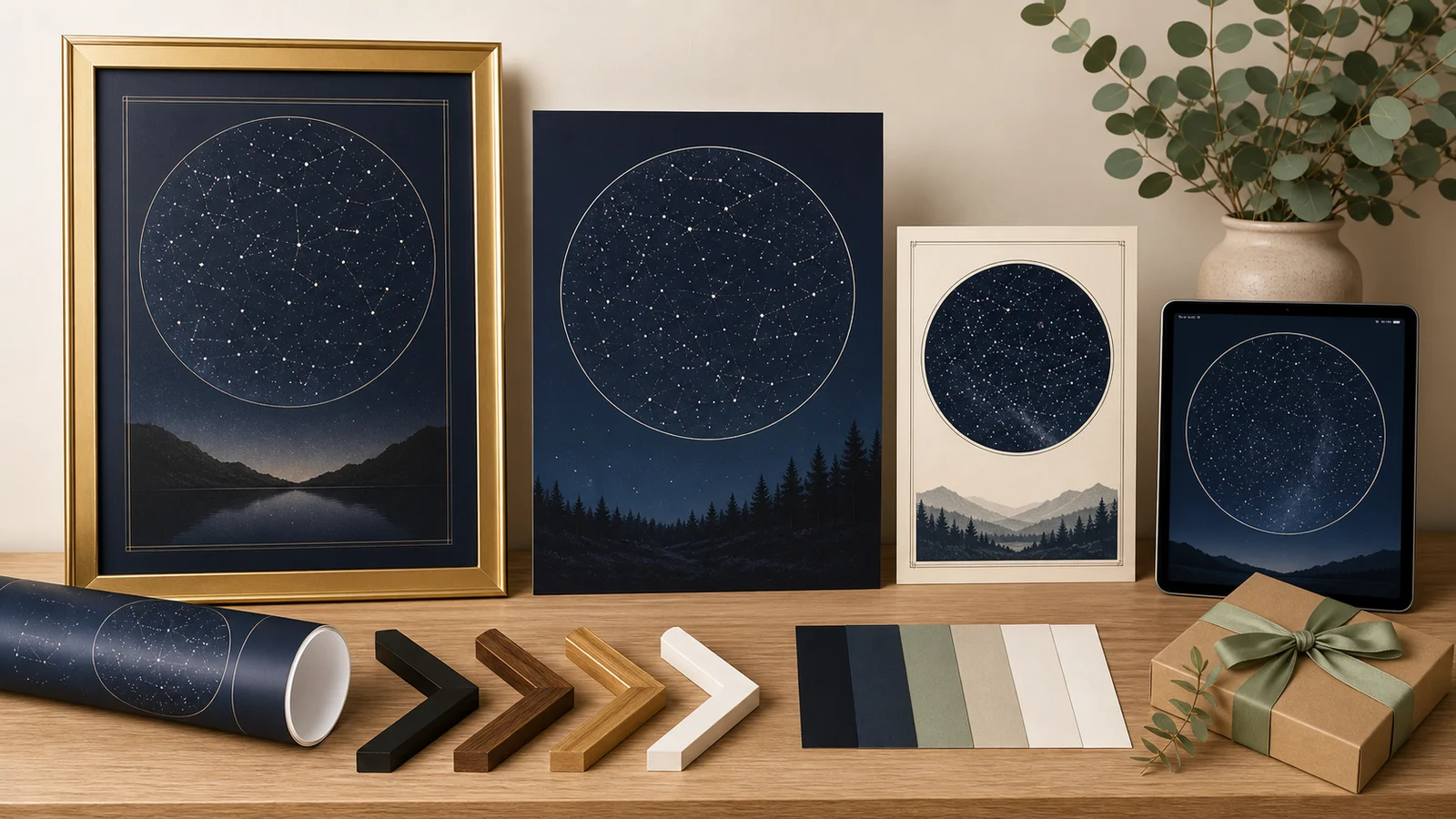 Custom star map Shopify product variants for posters frames and digital products